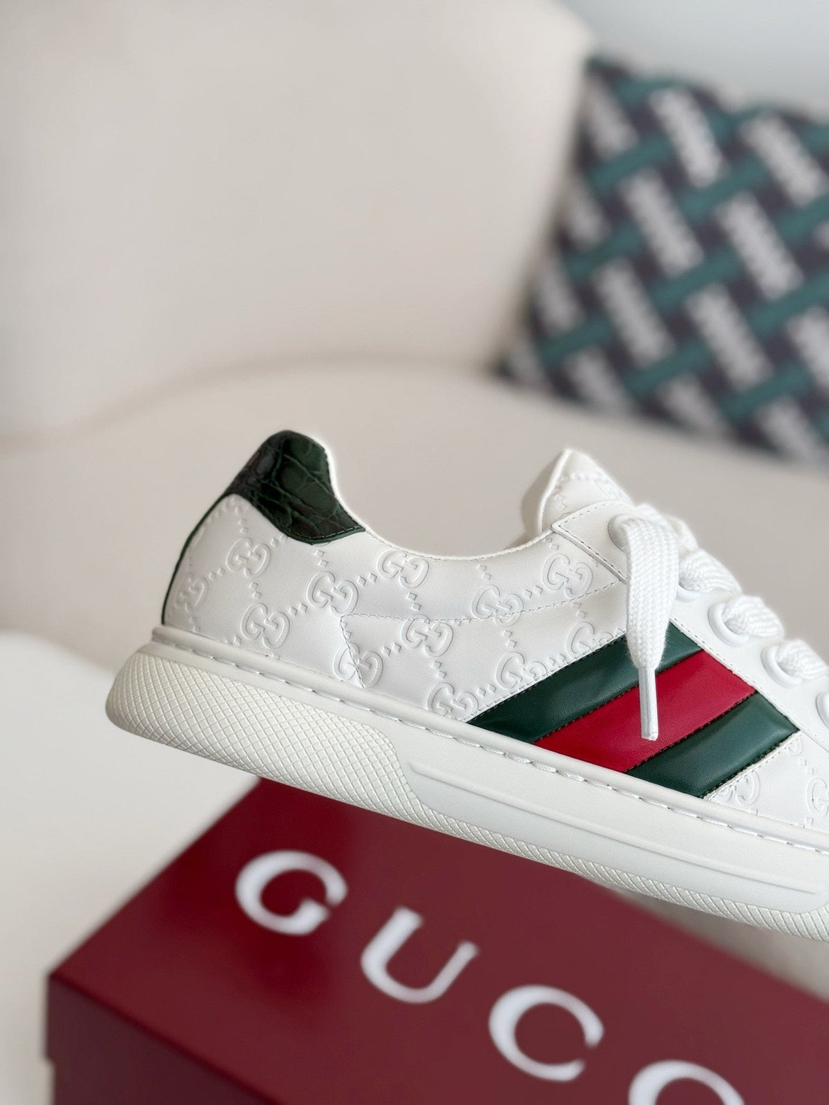 Gucci Ace Sneaker GG Embossed White Leather with Web Stripe and Green Croc Heel Tab