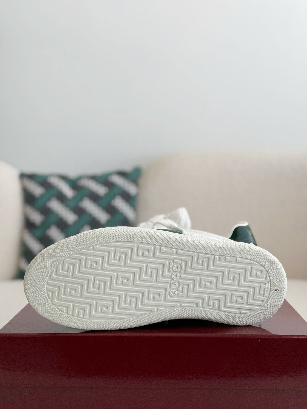 Gucci Ace Sneaker GG Embossed White Leather with Web Stripe and Green Croc Heel Tab
