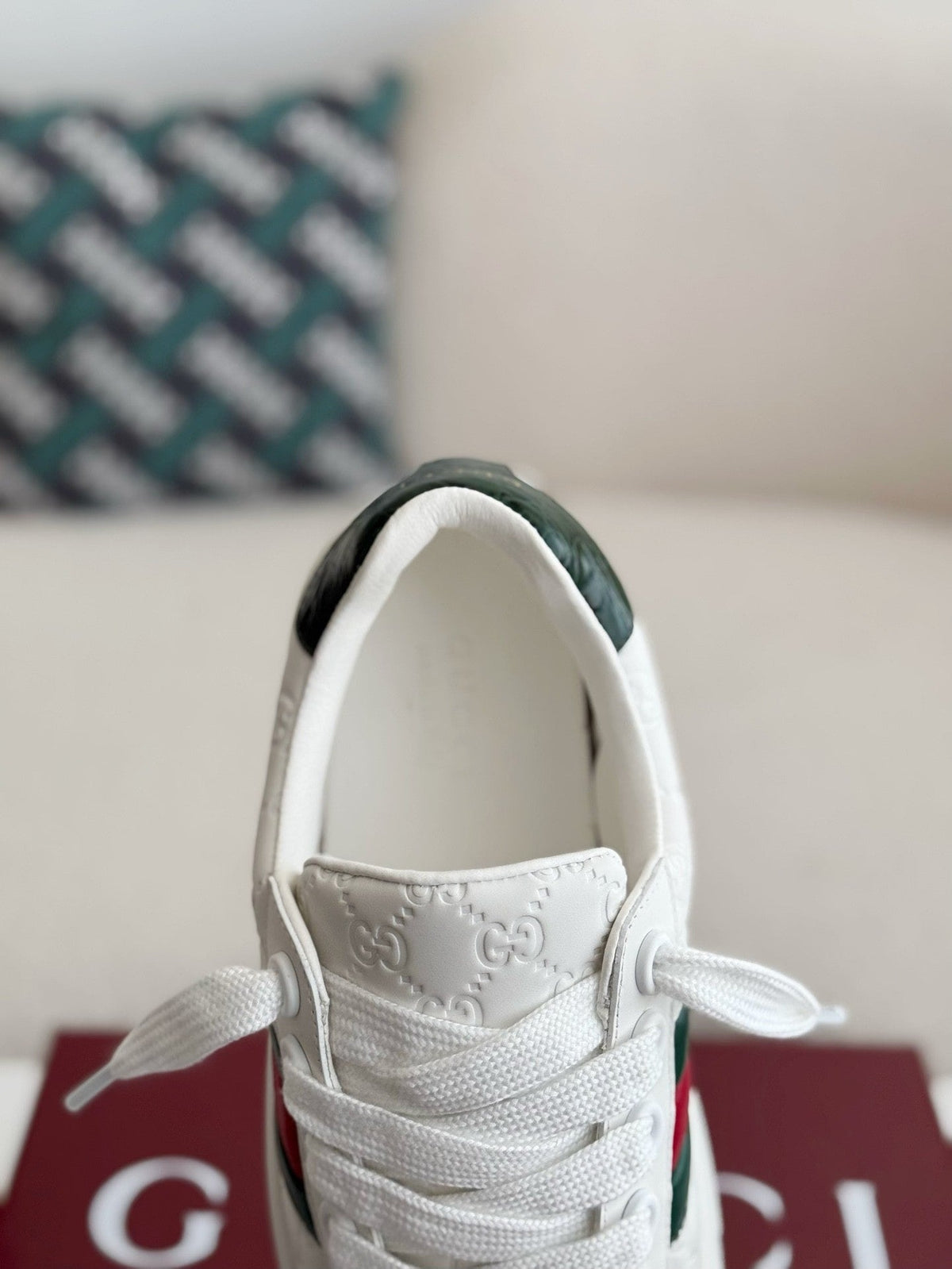 Gucci Ace Sneaker GG Embossed White Leather with Web Stripe and Green Croc Heel Tab