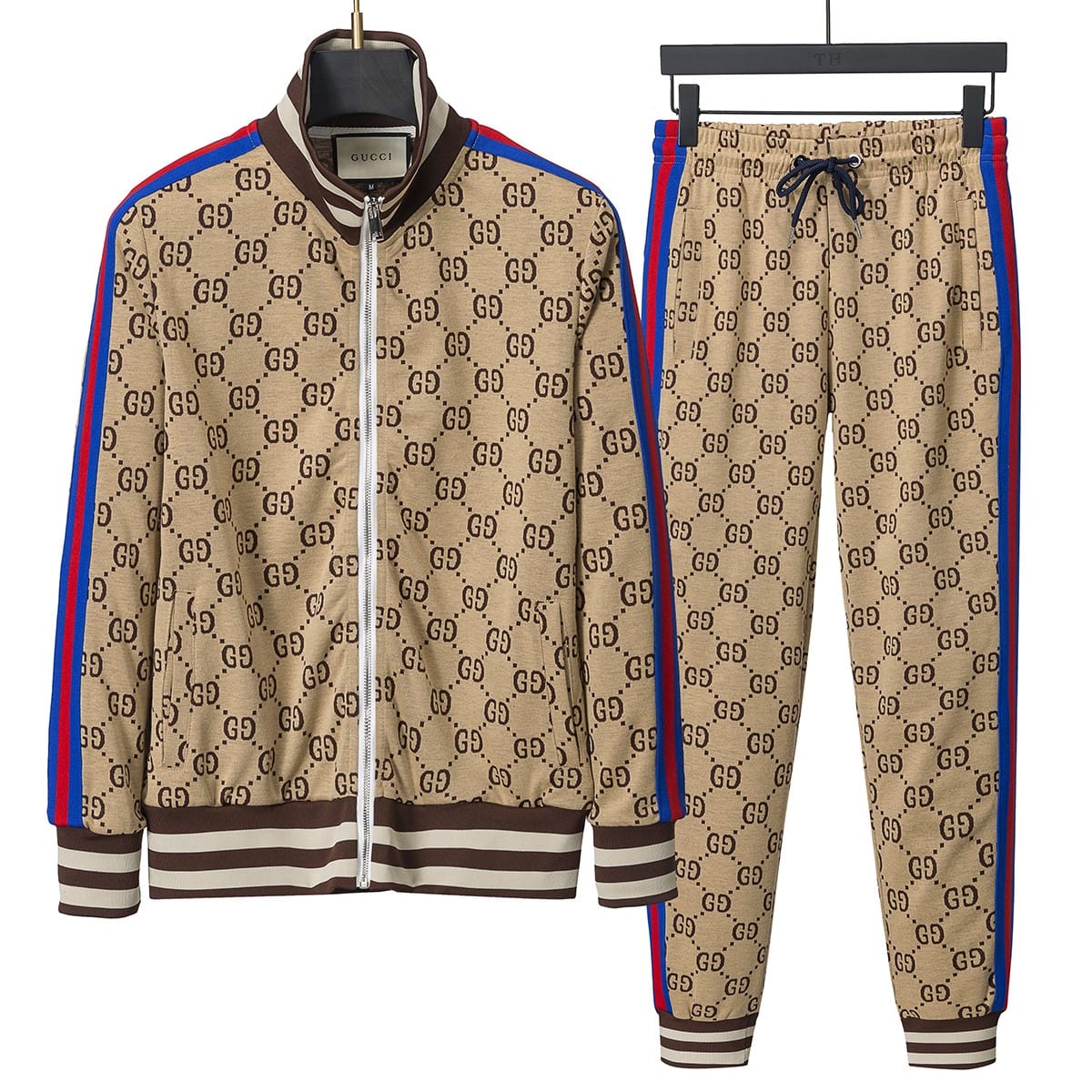 Gucci GG Supreme Logo Jacquard Tracksuit Beige Zip-Up Jacket and Jogger Pants Set with Web Stripe