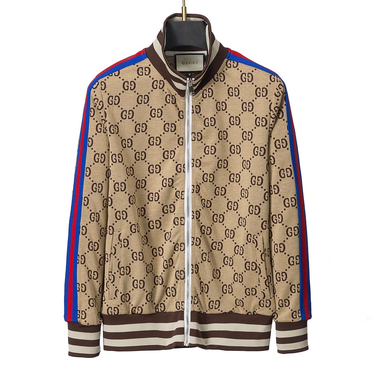 Gucci GG Supreme Logo Jacquard Tracksuit Beige Zip-Up Jacket and Jogger Pants Set with Web Stripe