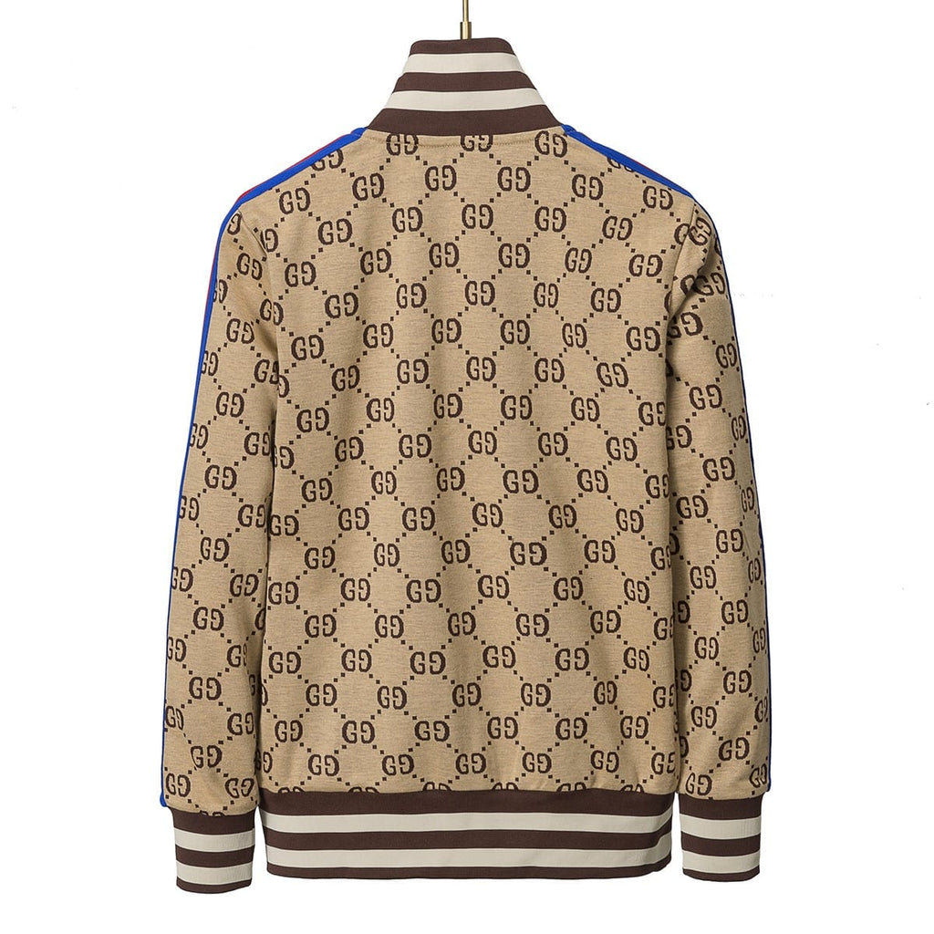 Gucci GG Supreme Logo Jacquard Tracksuit Beige Zip-Up Jacket and Jogger Pants Set with Web Stripe