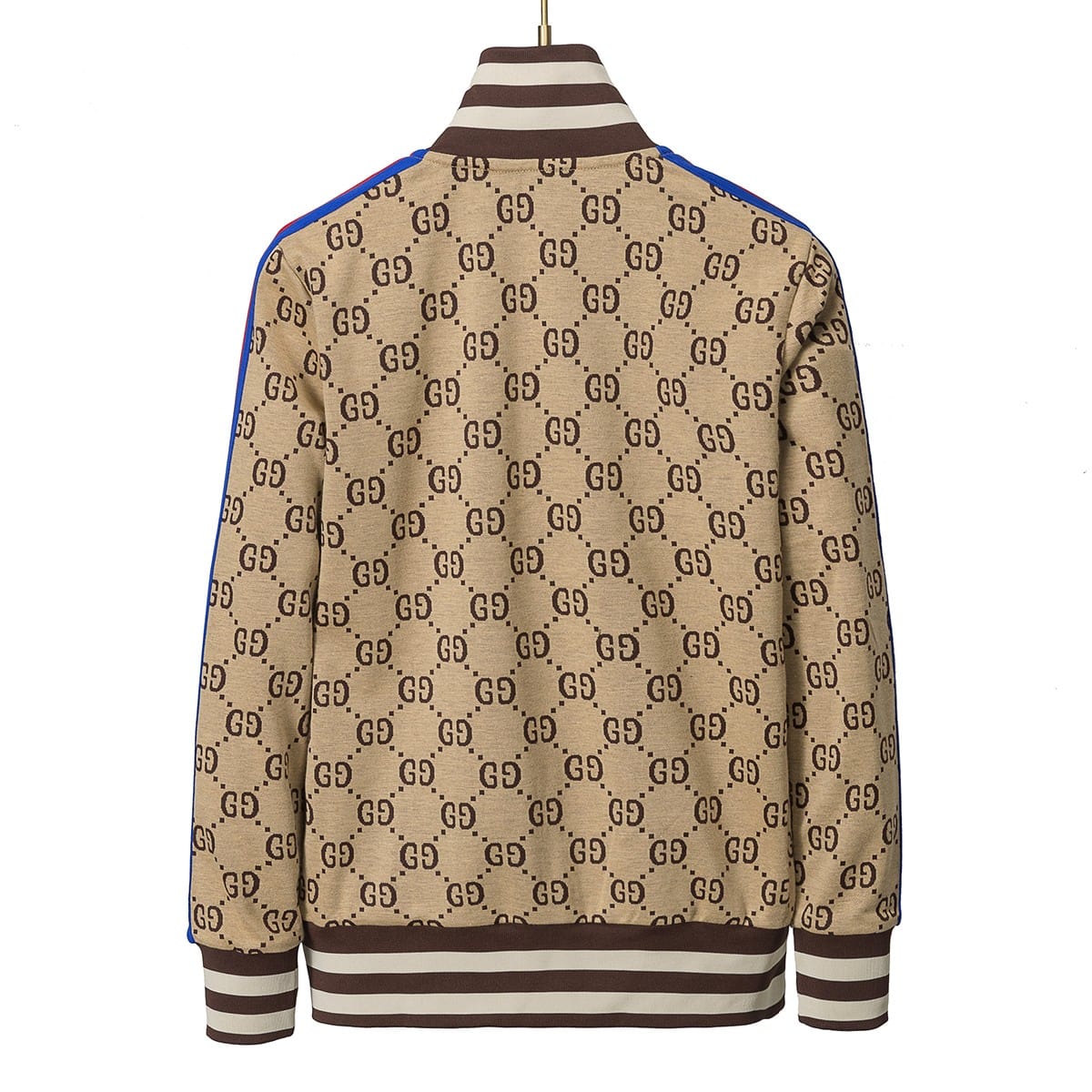 Gucci GG Supreme Logo Jacquard Tracksuit Beige Zip-Up Jacket and Jogger Pants Set with Web Stripe