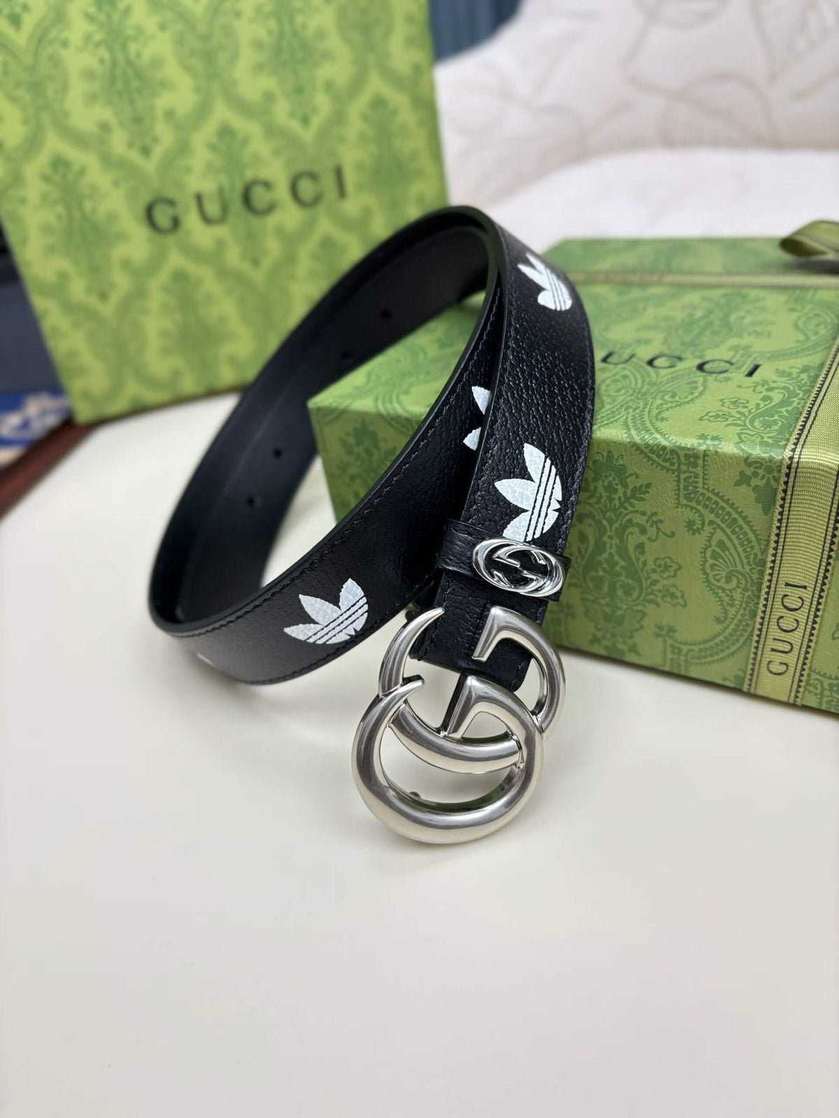 Gucci x adidas GG Marmont Belt Black/White with Silver-Tone Buckle
