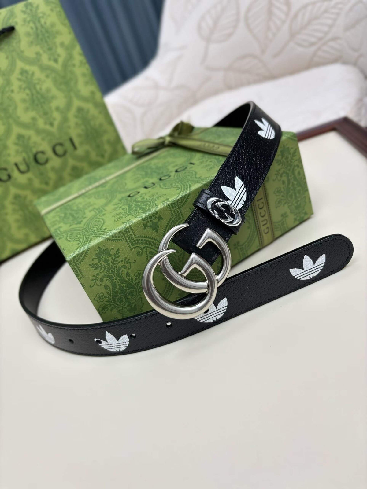 Gucci x adidas GG Marmont Belt Black/White with Silver-Tone Buckle