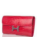 Hermes Rose Extreme Shiny Alligator Constance Wallet To Go Palladium Hardware