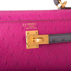 Hermes Horseshoe Stamp (HSS) Bi-Color Rose Pourpre and Gris Agate Ostrich Sellier Kelly 25cm Brushed Gold Hardware