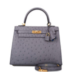 Hermes Horseshoe Stamp (HSS) Bi-Color Gris Agate and Bleu Electric Ostrich Sellier Kelly 25cm Brushed Gold Hardware