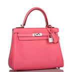 Pre-owned Hermes Kelly Retourne 25 Rose Azalee Swift Palladium Hardware