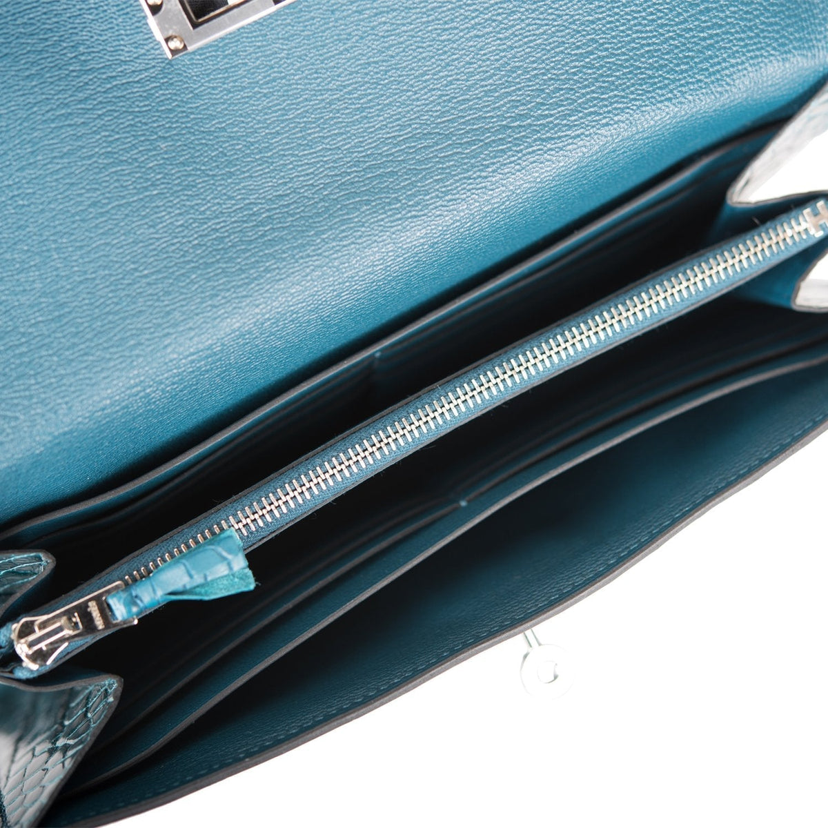 Hermes Kelly Long Wallet Bleu Colvert Alligator Ghillies Palladium Hardware