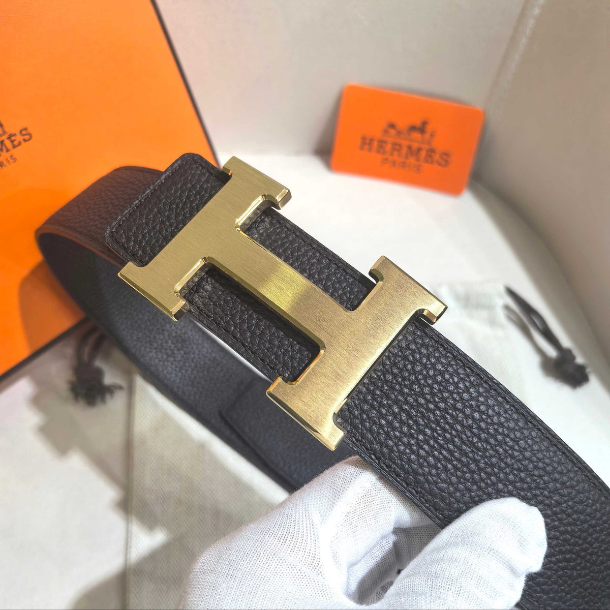 HERMES Black Leather Constance Buckle Belt - Brushed Gold Hardware