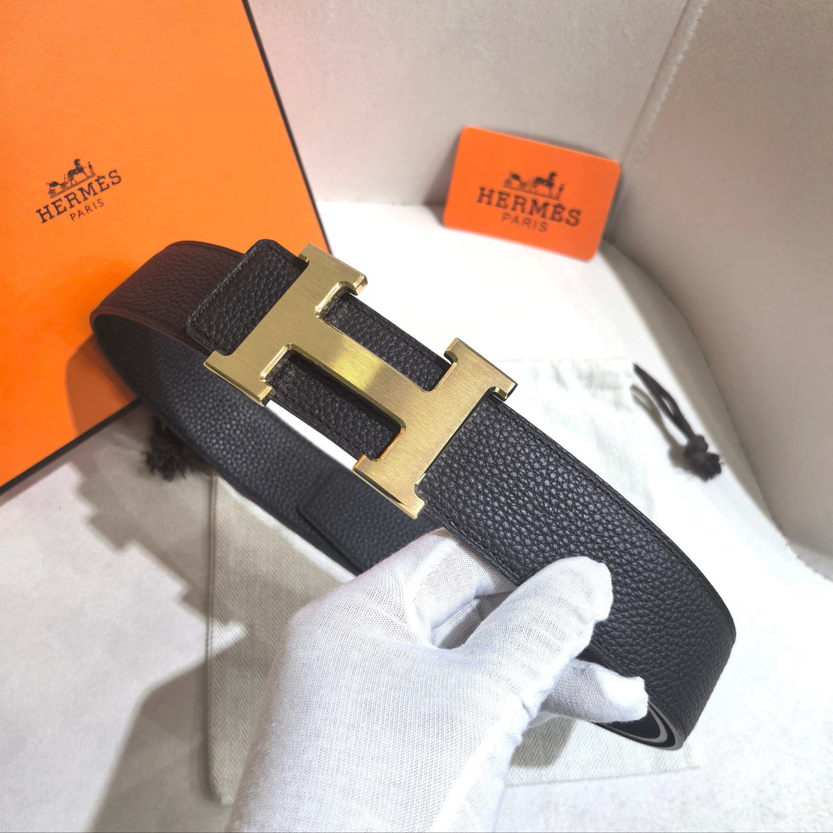 HERMES Black Leather Constance Buckle Belt - Brushed Gold Hardware