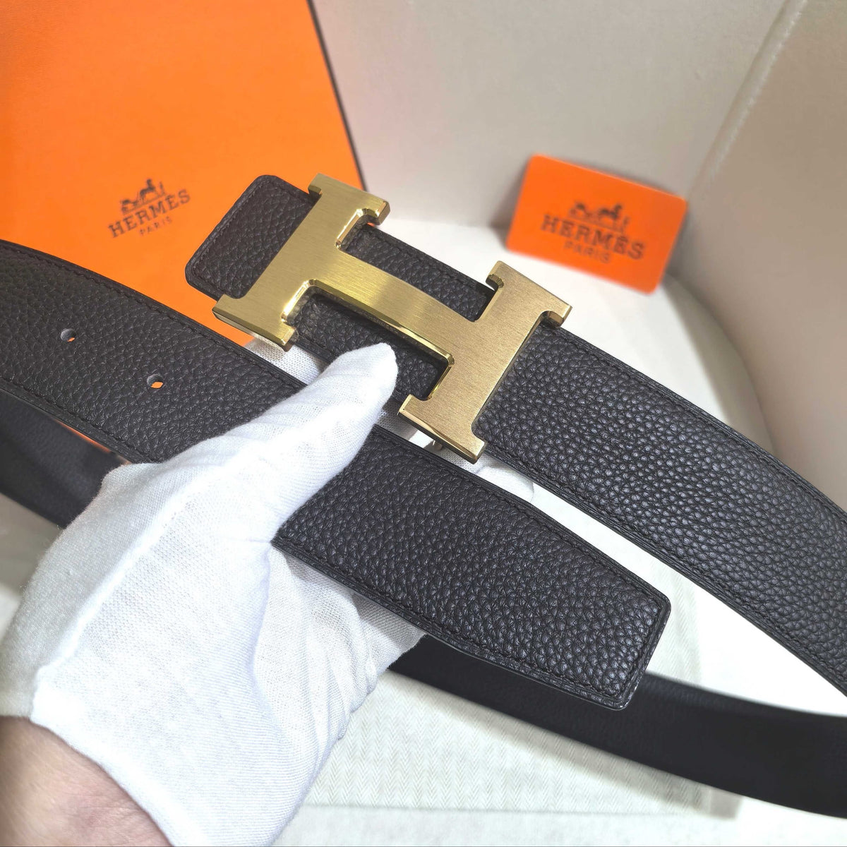 HERMES Black Leather Constance Buckle Belt - Brushed Gold Hardware