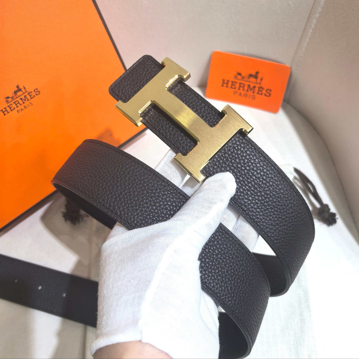 HERMES Black Leather Constance Buckle Belt - Brushed Gold Hardware
