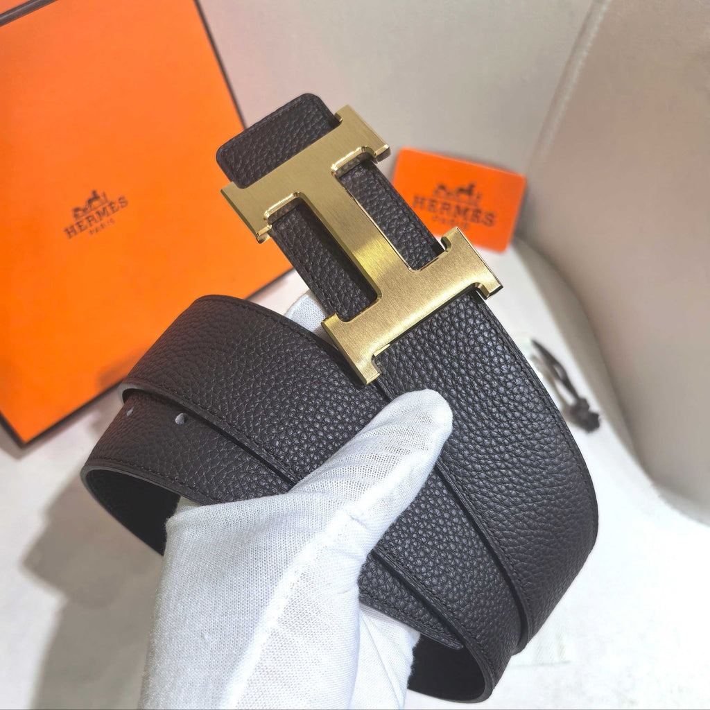 HERMES Black Leather Constance Buckle Belt - Brushed Gold Hardware