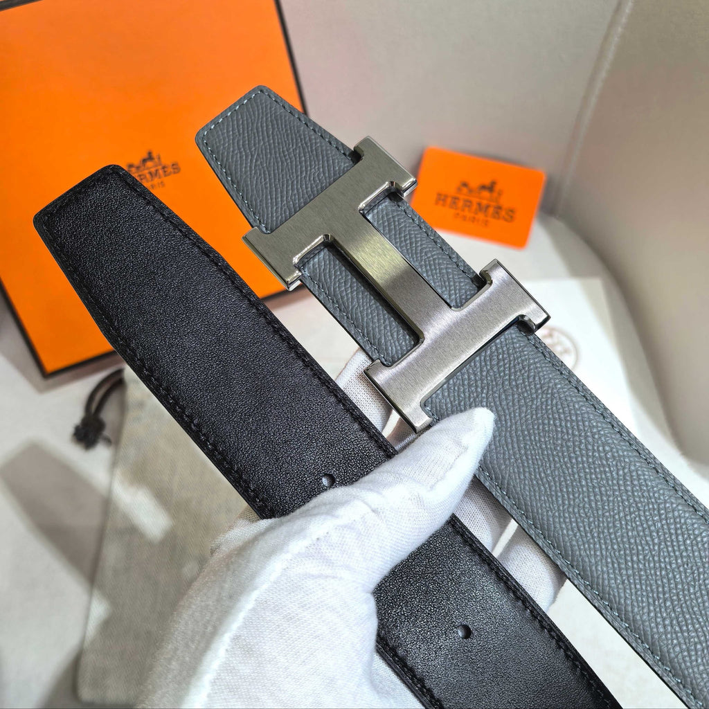 HERMES Silver Large Classic Black & Gray Reversible Belt 32 mm