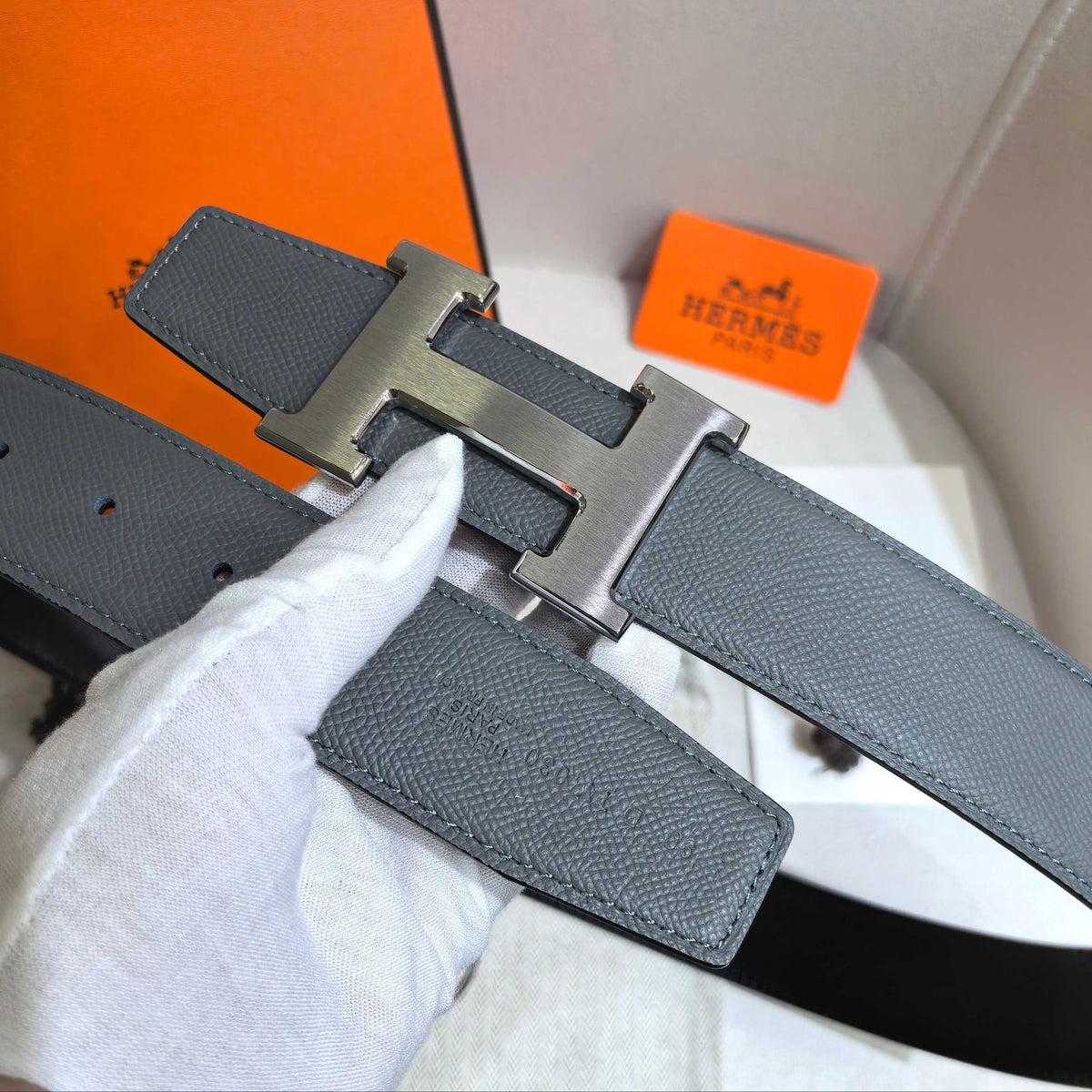 HERMES Silver Large Classic Black & Gray Reversible Belt 32 mm
