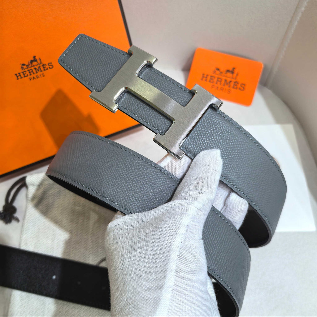 HERMES Silver Large Classic Black & Gray Reversible Belt 32 mm