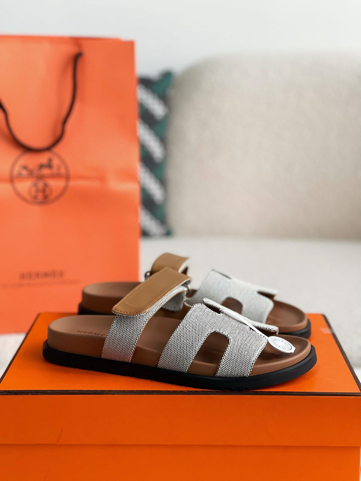 Hermes Beige/Brown Canvas and Leather Chypre Sandals