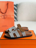 Hermes Beige/Brown Canvas and Leather Chypre Sandals
