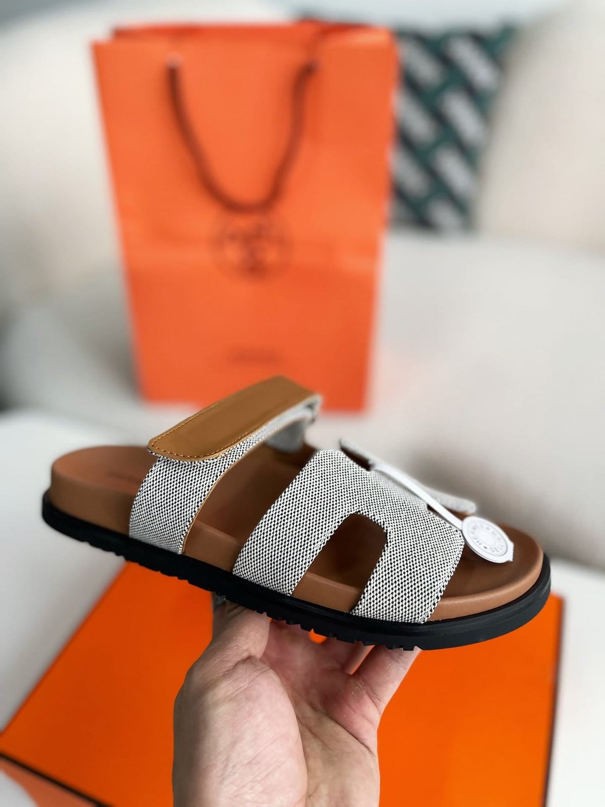 Hermes Beige/Brown Canvas and Leather Chypre Sandals
