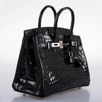 Hermes Birkin 25 Shiny Black Niloticus Crocodile with Palladium Hardware - 2019, D