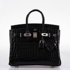 Hermes Birkin 25 Shiny Black Niloticus Crocodile with Palladium Hardware - 2019, D
