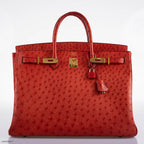 Hermes Birkin 40 Rouge Vif Ostrich with Gold Hardware - 1993, W Circle