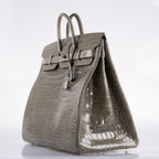 Hermes Birkin 50 HAC Gris Tourterelle Shiny Porosus Crocodile Palladium Hardware