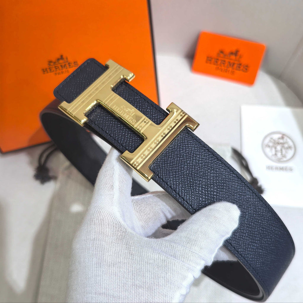 Hermès Black Reversible Leather Strap 32 mm Belt - Gold Guilloché H Buckle