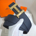 Hermès Black Reversible Leather Strap 32 mm Belt - Gold Guilloché H Buckle