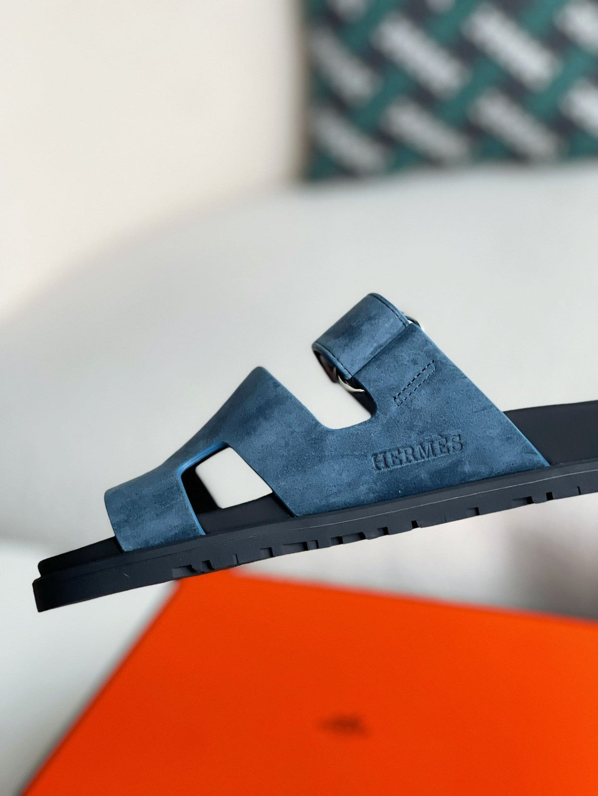 Hermès Bleu Jean Suede Goatskin Chypre Sandals