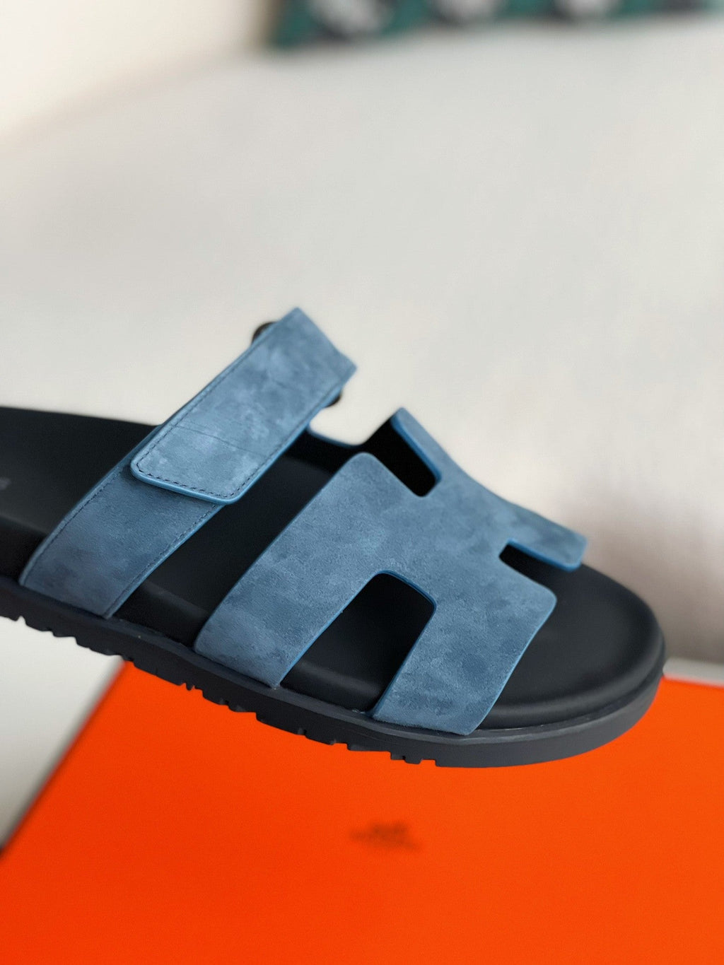 Hermès Bleu Jean Suede Goatskin Chypre Sandals