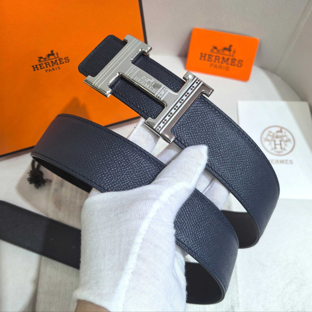 Hermès Marine Blue Reversible Leather Strap 32 mm Belt - Silver Guilloché H Buckle