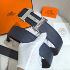 Hermès Marine Blue Reversible Leather Strap 32 mm Belt - Silver Guilloché H Buckle