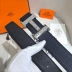 Hermès Marine Blue Reversible Leather Strap 32 mm Belt - Silver Guilloché H Buckle
