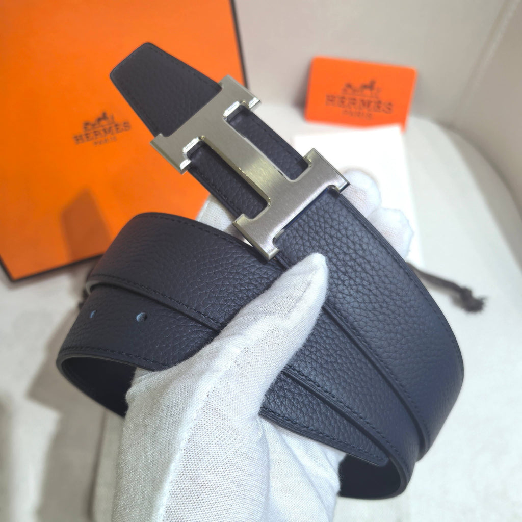 Hermès Constance Reversible H Belt 32mm - Marine Togo/Black Box - Brushed Silver