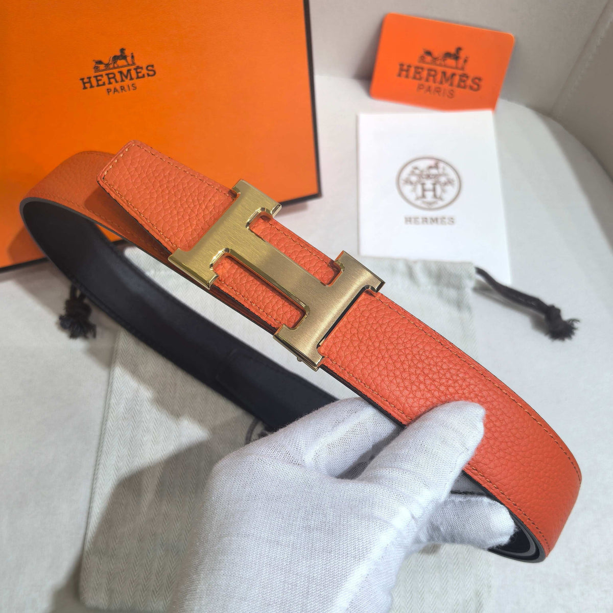 Hermès Constance Reversible H Belt 32mm - Orange Togo/Black Box with Brushed Gold Buckle