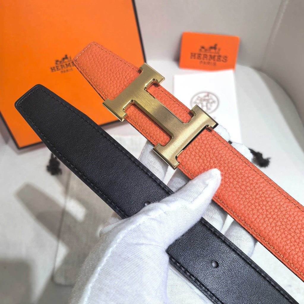 Hermès Constance Reversible H Belt 32mm - Orange Togo/Black Box with Brushed Gold Buckle