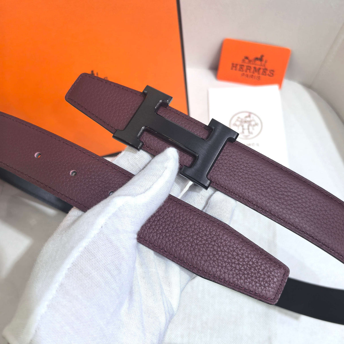 Hermès Constance Reversible H Belt 32mm - Rouge H Togo/Black Box - Matte Black PVD
