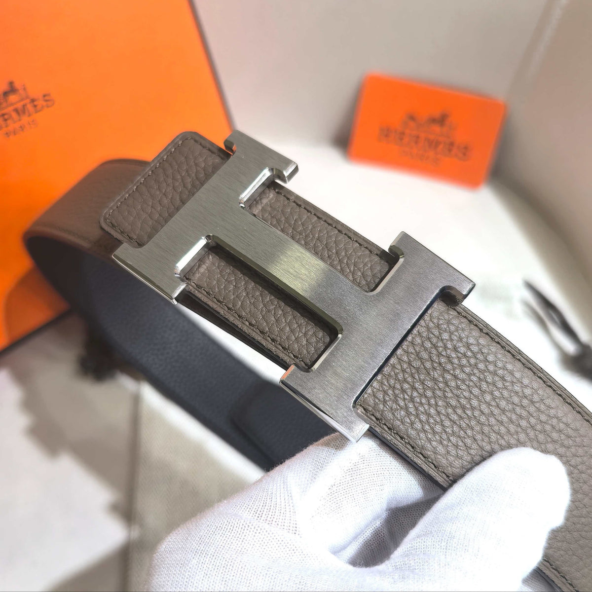 Hermès Etoupe Reversible Leather Strap 32 mm Belt - Brushed Silver H Buckle
