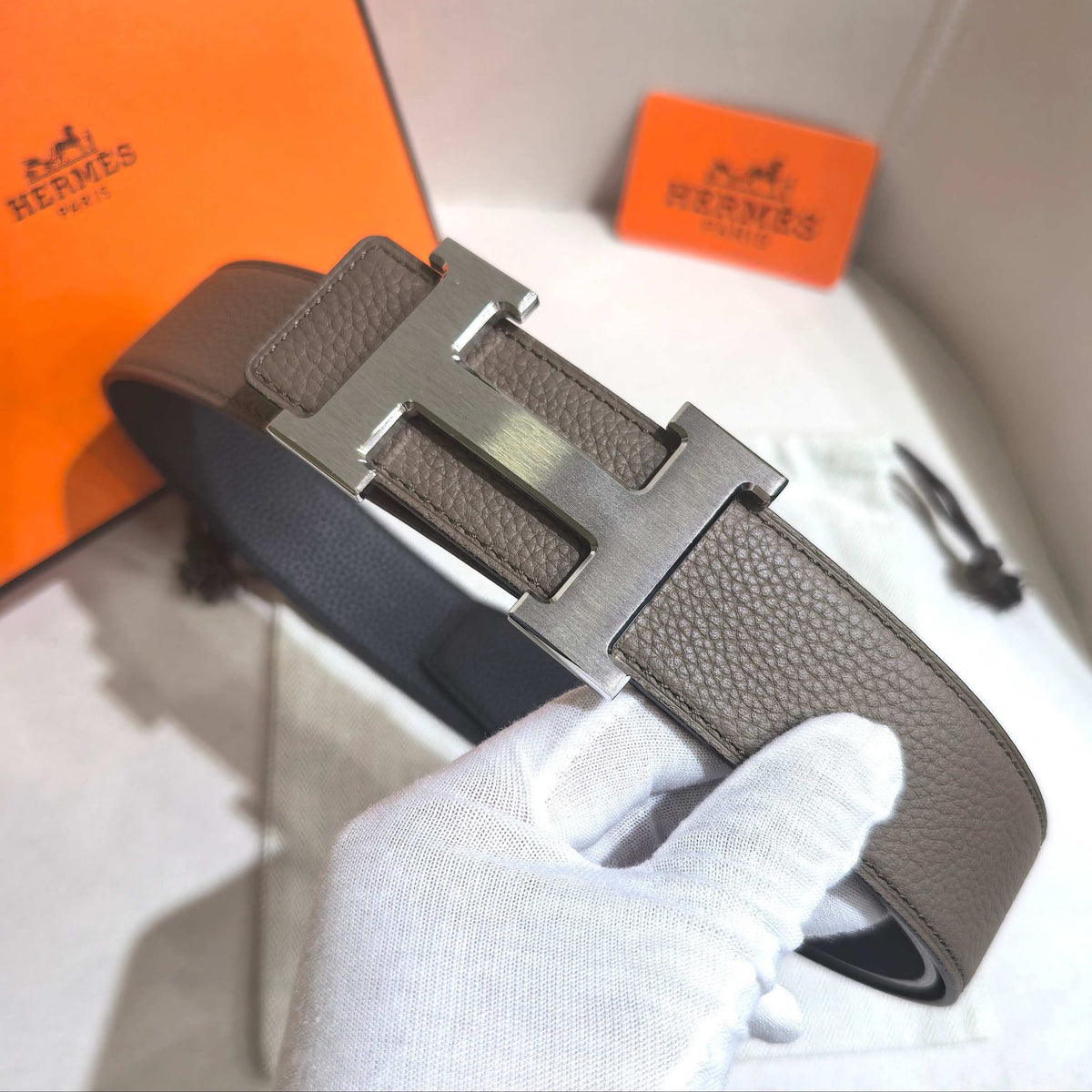 Hermès Etoupe Reversible Leather Strap 32 mm Belt - Brushed Silver H Buckle