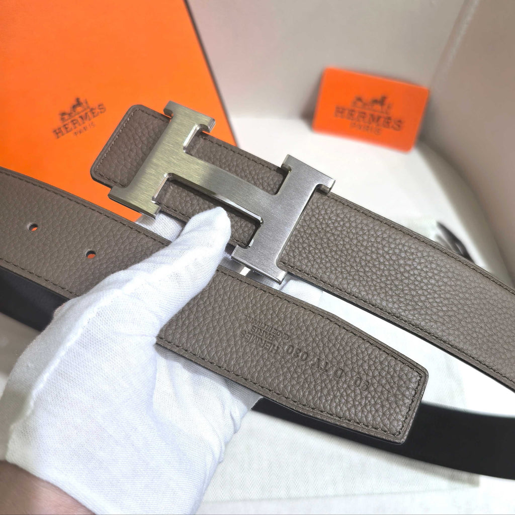 Hermès Etoupe Reversible Leather Strap 32 mm Belt - Brushed Silver H Buckle