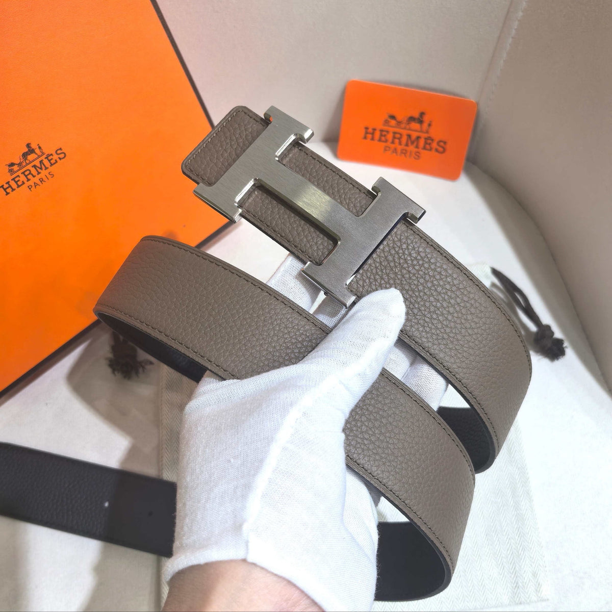 Hermès Etoupe Reversible Leather Strap 32 mm Belt - Brushed Silver H Buckle