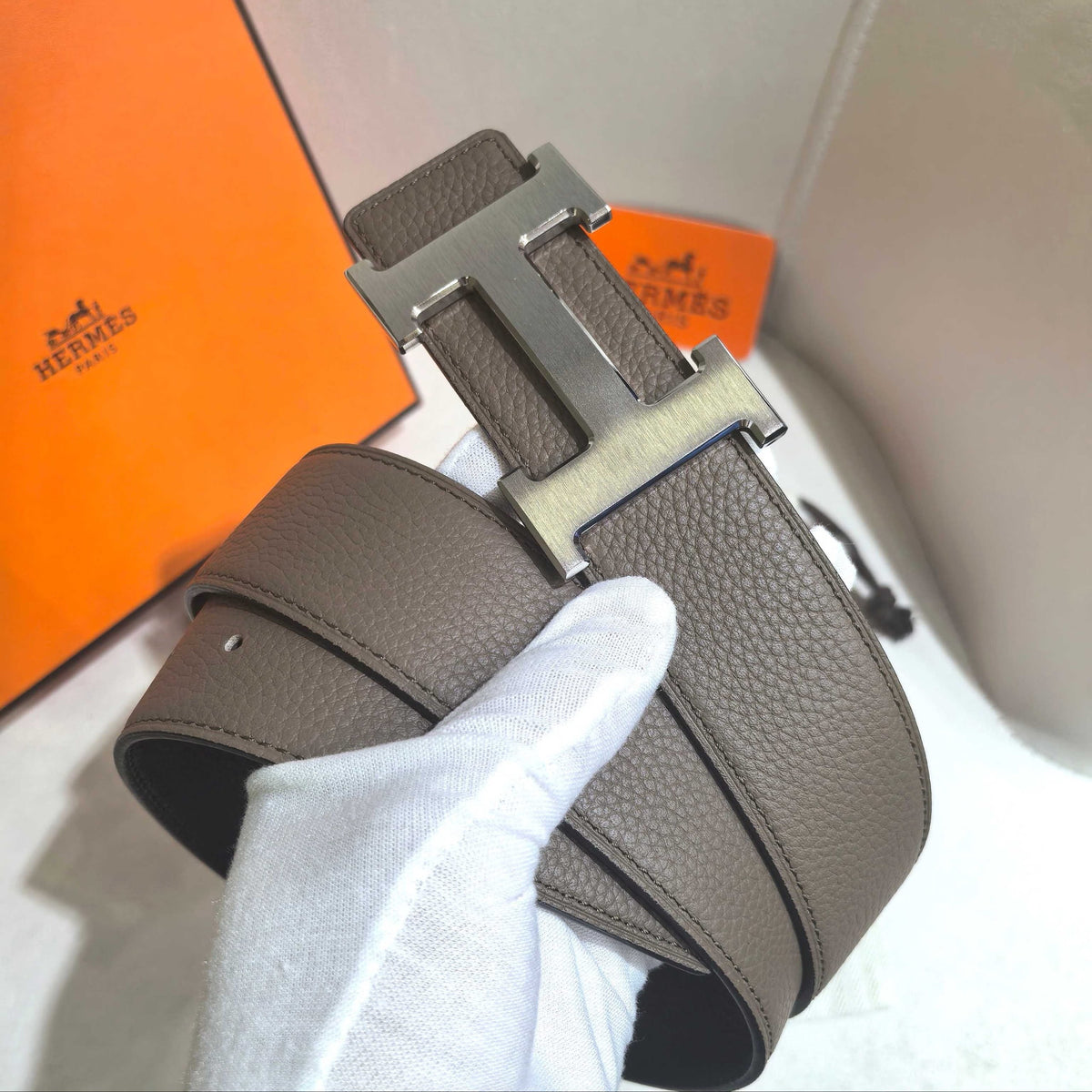 Hermès Etoupe Reversible Leather Strap 32 mm Belt - Brushed Silver H Buckle
