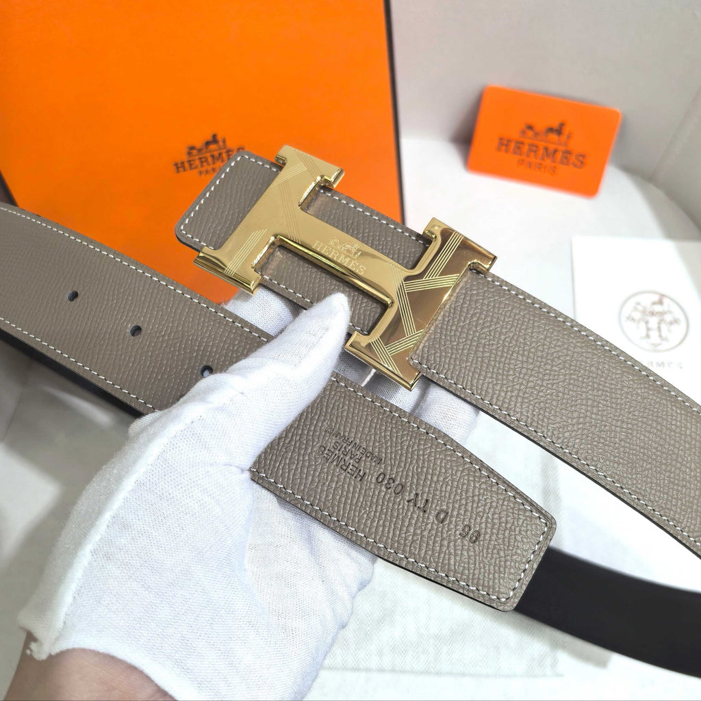 Hermès Étoupe Reversible Leather Strap 32 mm Belt - Gold Guilloché H Buckle