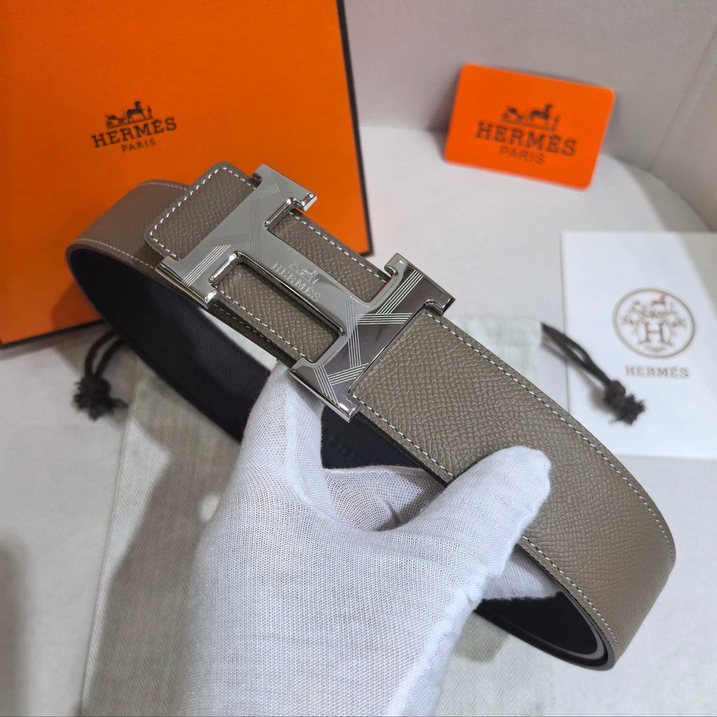 Hermès Étoupe Reversible Leather Strap 32 mm Belt - Silver Guilloché H Buckle