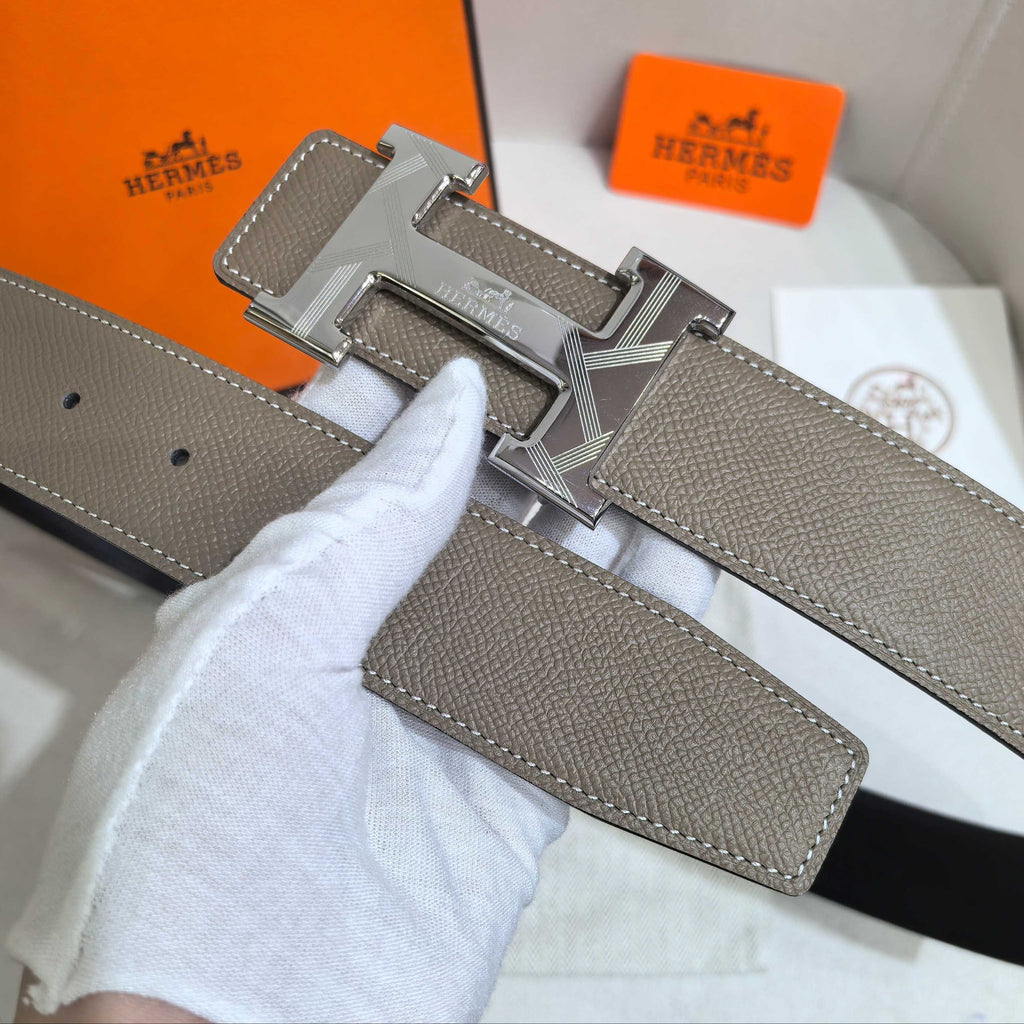 Hermès Étoupe Reversible Leather Strap 32 mm Belt - Silver Guilloché H Buckle