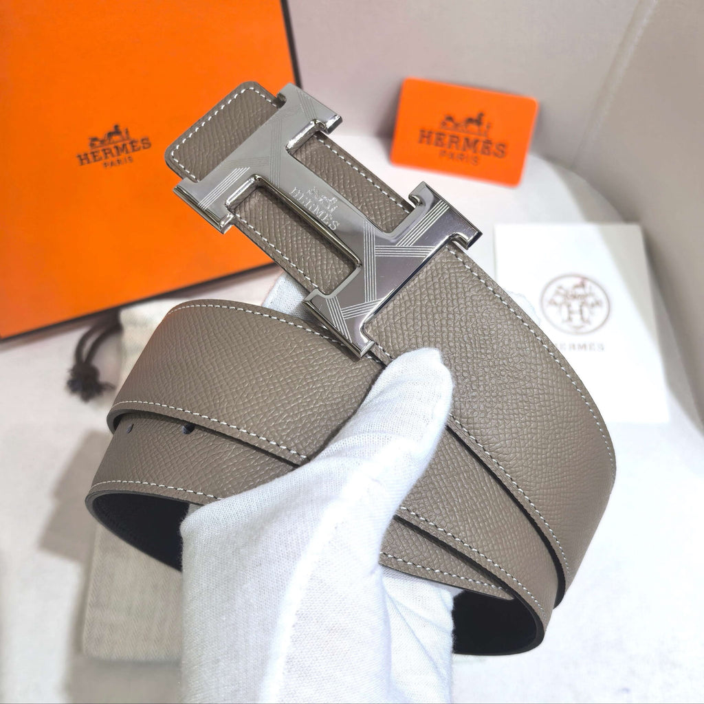 Hermès Étoupe Reversible Leather Strap 32 mm Belt - Silver Guilloché H Buckle
