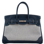Hermes Ghillies Birkin 35 Blue de Prusse Swift & Toile with Palladium Hardware - 2014, R Square